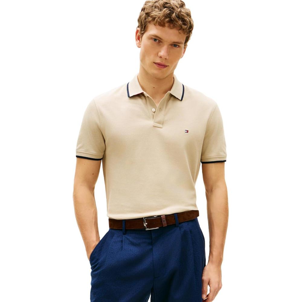 imageTommy Hilfiger Mens Short Sleeve Casual Polo Shirts in Regular Fit with Contrast Collar and Cuff DesignsSandalwood