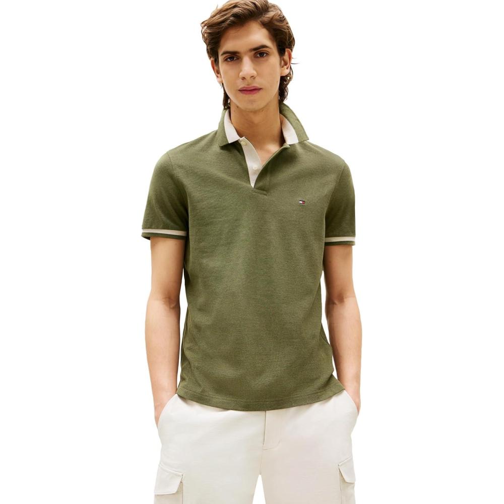 imageTommy Hilfiger Mens Short Sleeve Casual Polo Shirts in Regular Fit with Stretch and Contrast Collar DesignsBattle Green Heather