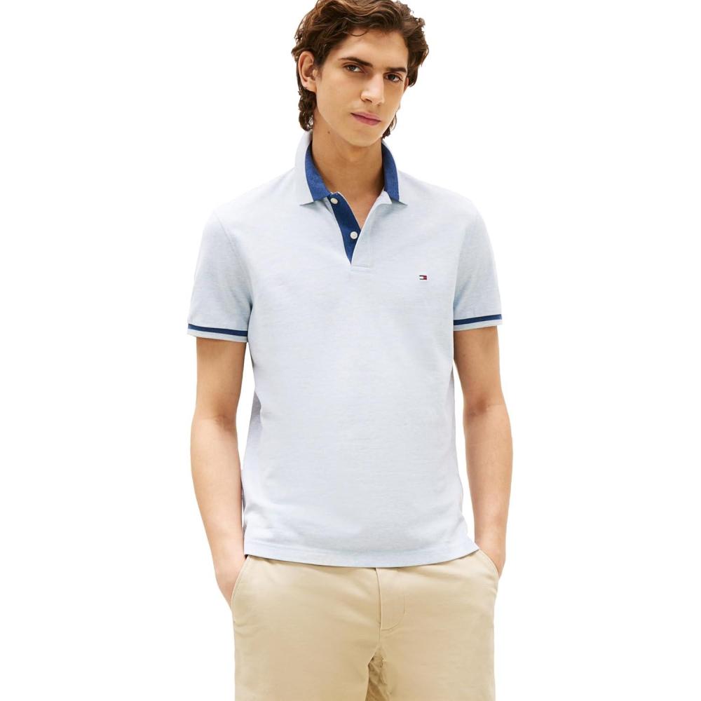 imageTommy Hilfiger Mens Short Sleeve Casual Polo Shirts in Regular Fit with Stretch and Contrast Collar DesignsHeathered Blue Bros