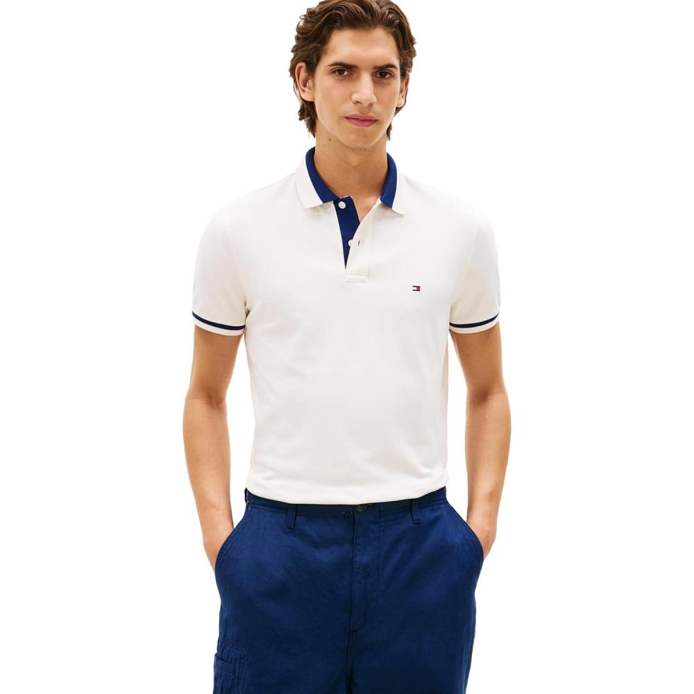 imageTommy Hilfiger Mens Short Sleeve Casual Polo Shirts in Regular Fit with Stretch and Contrast Collar DesignsIvory Petal