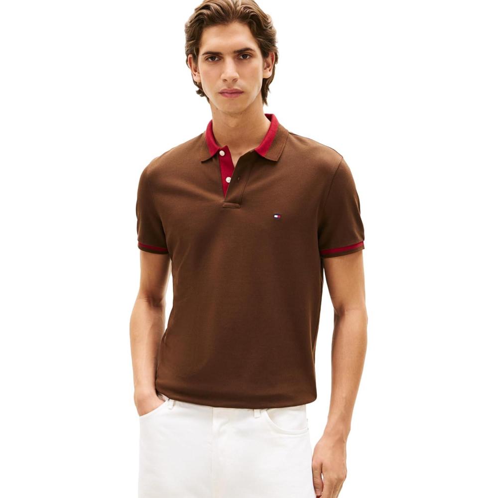 imageTommy Hilfiger Mens Short Sleeve Casual Polo Shirts in Regular Fit with Stretch and Contrast Collar DesignsLegacy Brown