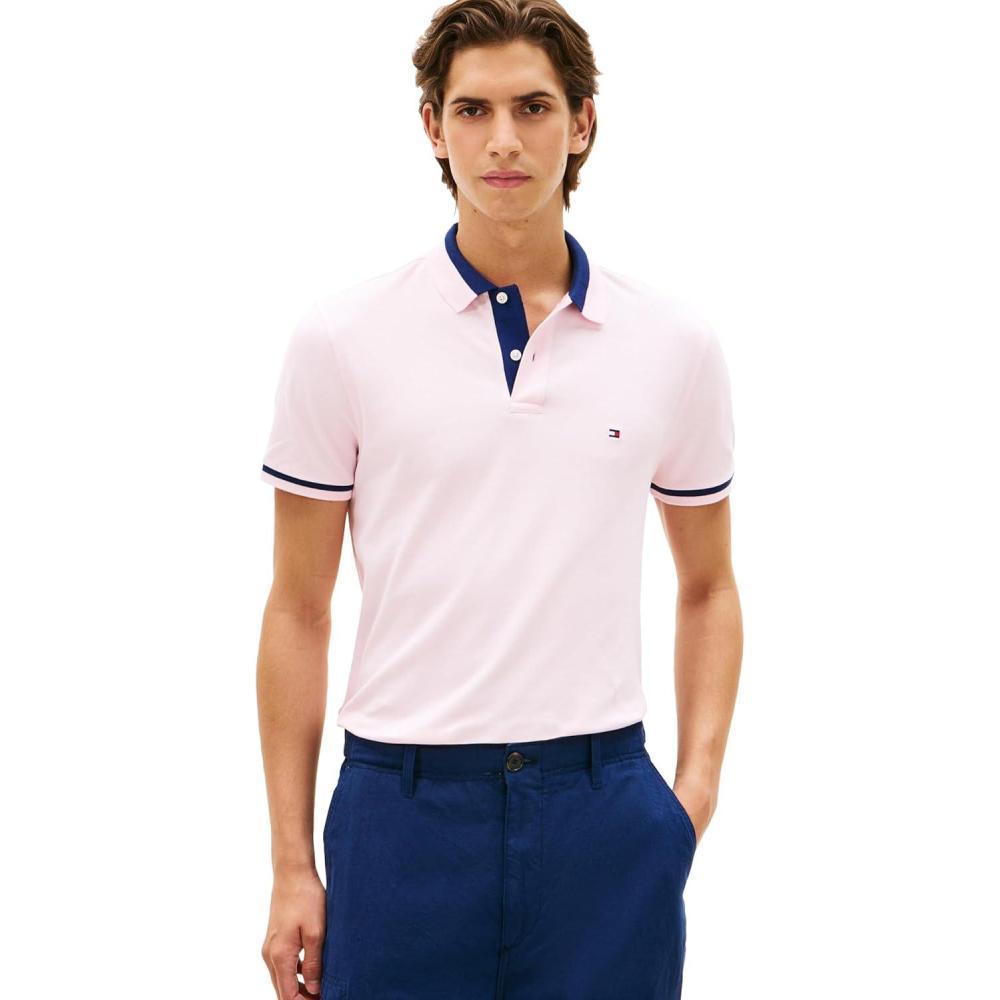 imageTommy Hilfiger Mens Short Sleeve Casual Polo Shirts in Regular Fit with Stretch and Contrast Collar DesignsPink Lily