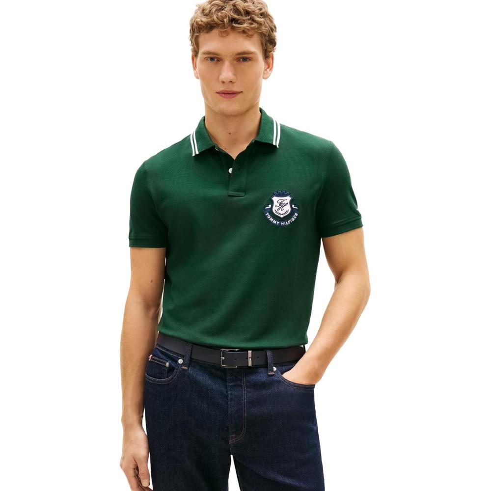 imageTommy Hilfiger Mens Short Sleeve Casual Polo Shirts in Regular Fit with Stretch and Embroidered LogoNocturnal Green