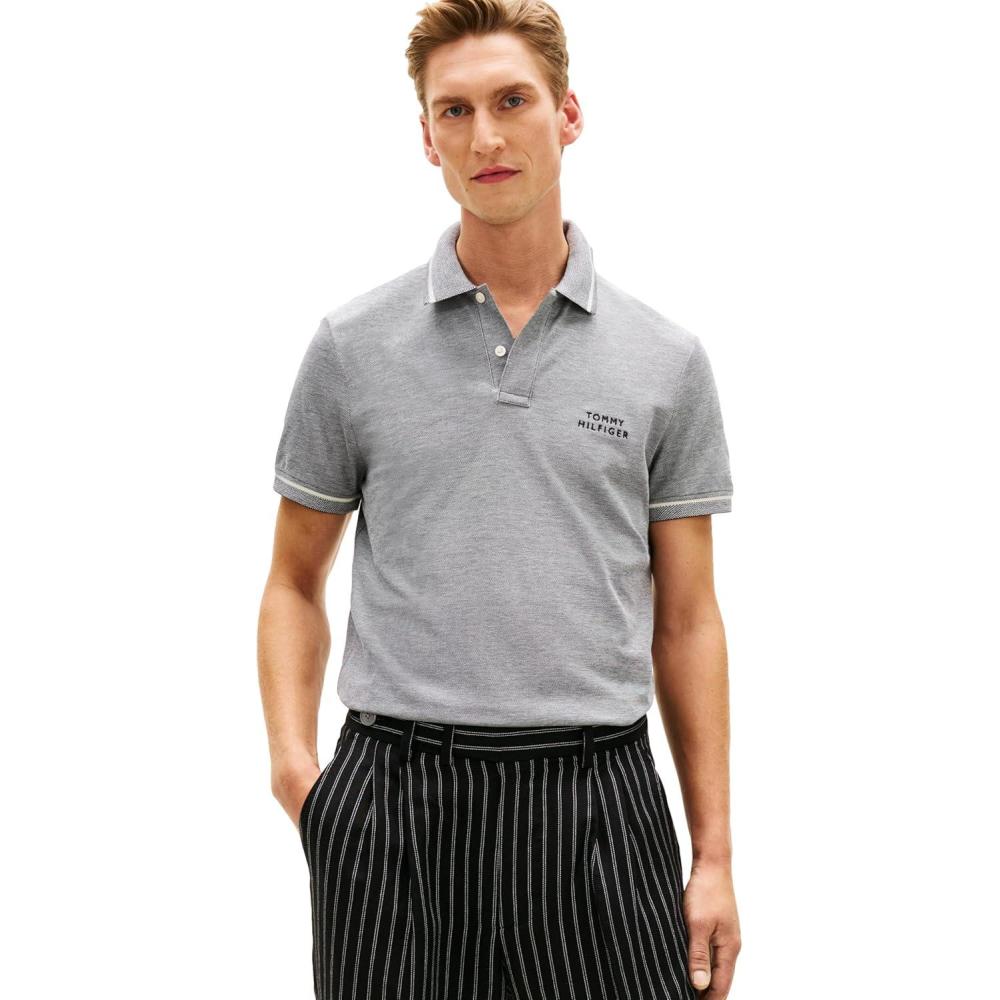 imageTommy Hilfiger Mens Short Sleeve Casual Polo Shirts in Regular Fit with TwoTone Collar and Cuff DesignsBlack White