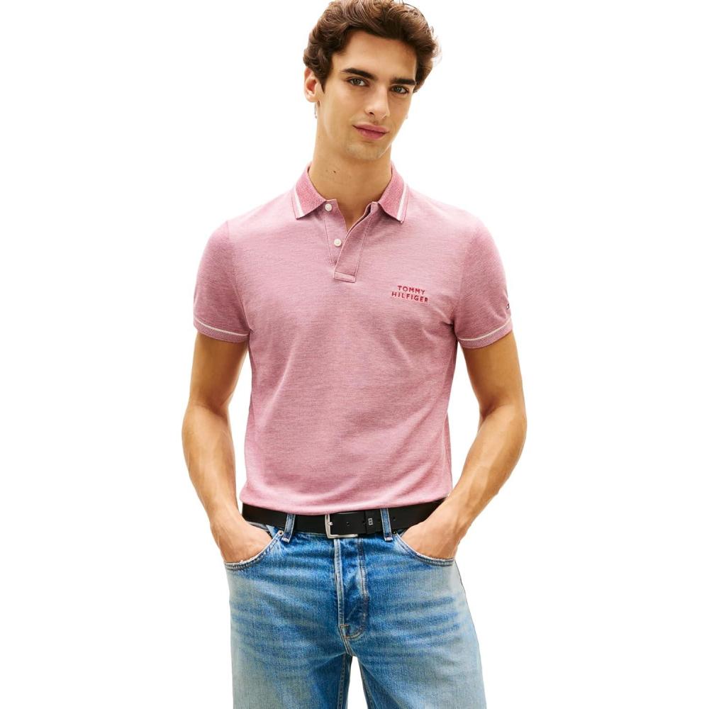 imageTommy Hilfiger Mens Short Sleeve Casual Polo Shirts in Regular Fit with TwoTone Collar and Cuff DesignsRegatta Red  White