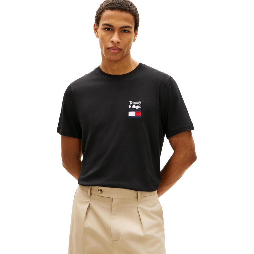 imageTommy Hilfiger Mens Short Sleeve Cotton Graphic TShirts with Embroidered Flag Logo DesignBlack