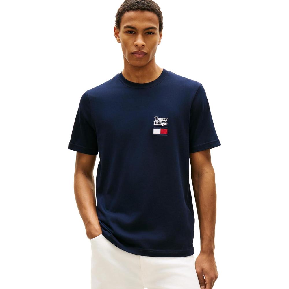 imageTommy Hilfiger Mens Short Sleeve Cotton Graphic TShirts with Embroidered Flag Logo DesignDesert Sky