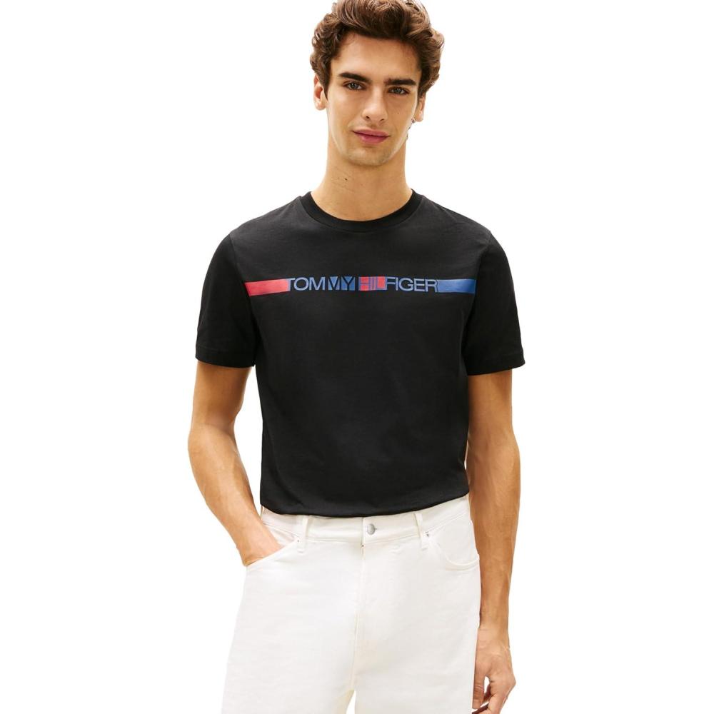 imageTommy Hilfiger Mens Short Sleeve Cotton Graphic TShirts with Printed Stripe Logo GraphicBlack