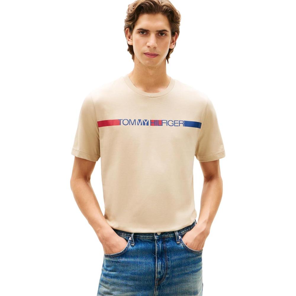 imageTommy Hilfiger Mens Short Sleeve Cotton Graphic TShirts with Printed Stripe Logo GraphicSandalwood