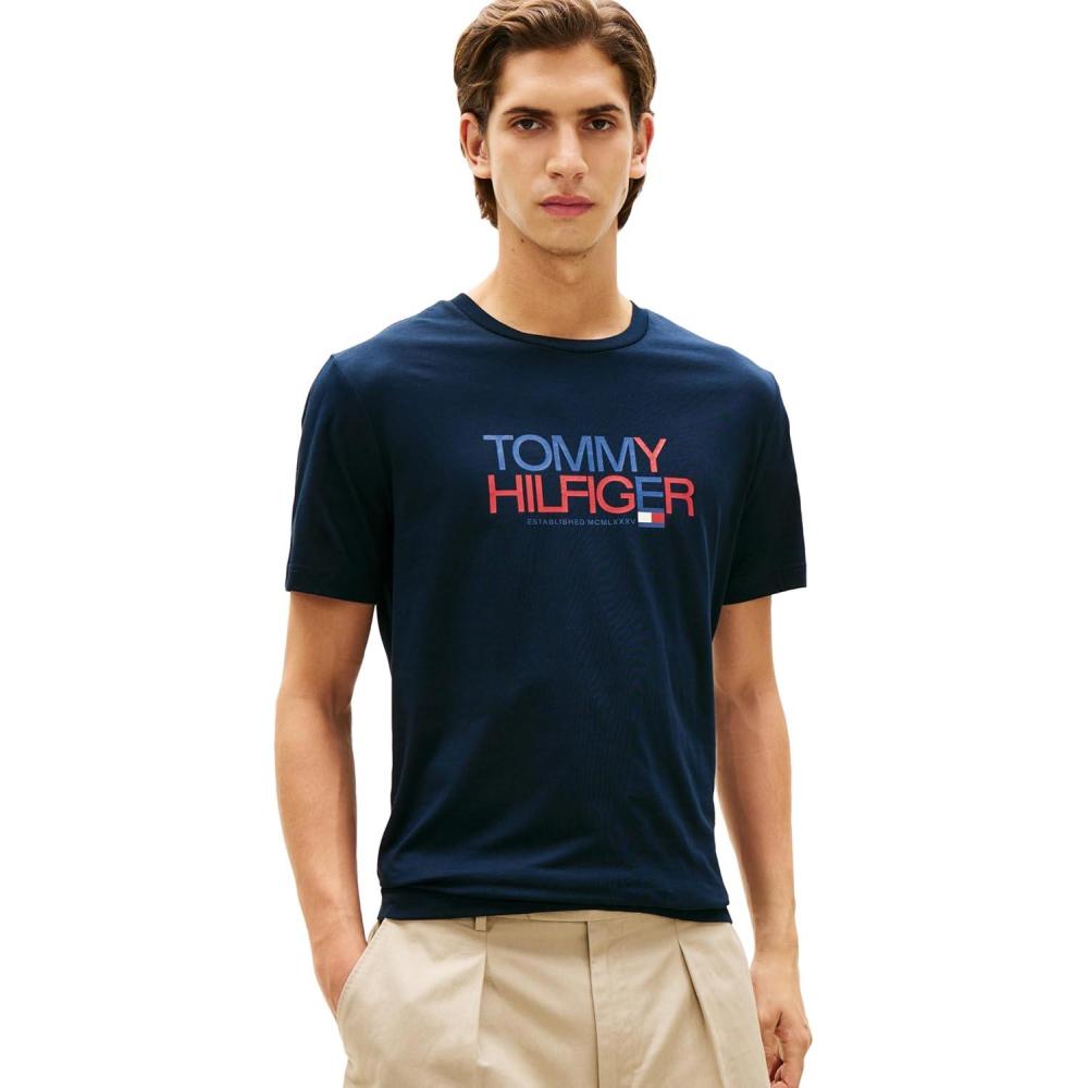 imageTommy Hilfiger Mens Short Sleeve Cotton Graphic TShirts with Printed TwoTone Logo GraphicDesert Sky