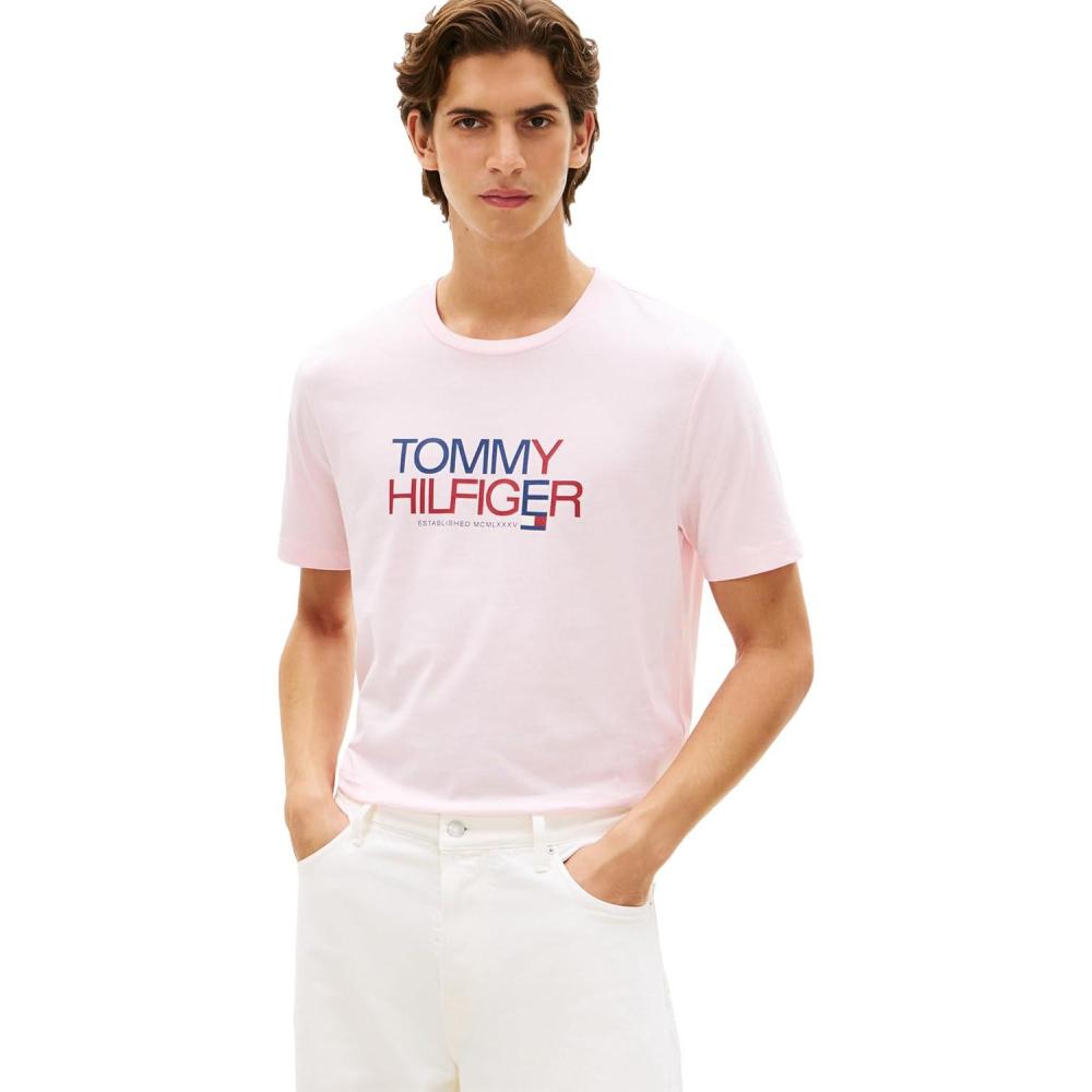 imageTommy Hilfiger Mens Short Sleeve Cotton Graphic TShirts with Printed TwoTone Logo GraphicPink Lily