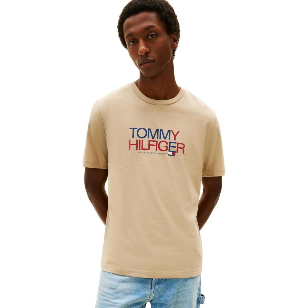 imageTommy Hilfiger Mens Short Sleeve Cotton Graphic TShirts with Printed TwoTone Logo GraphicSandalwood