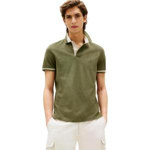 Tommy Hilfiger Men’s Short Sleeve Casual Polo Shirts in Regular Fit with Stretch and Contrast Collar Designs(Battle Green Heather)