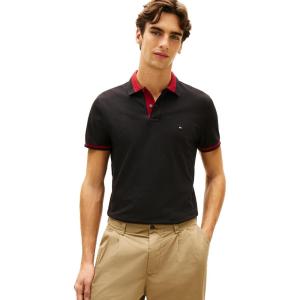 Tommy Hilfiger Men’s Short Sleeve Casual Polo Shirts in Regular Fit with Stretch and Contrast Collar Designs(Black)