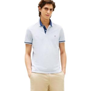 Tommy Hilfiger Men’s Short Sleeve Casual Polo Shirts in Regular Fit with Stretch and Contrast Collar Designs(Heathered Blue Bros)