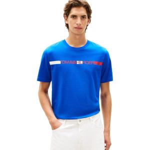Tommy Hilfiger Men’s Short Sleeve Cotton Graphic T-Shirts with Printed Stripe Logo Graphic(Regal Blue)