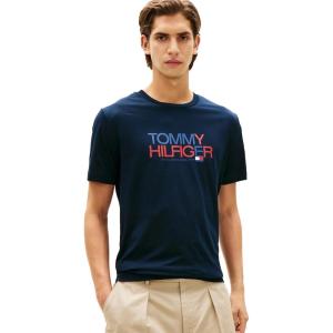 Tommy Hilfiger Men’s Short Sleeve Cotton Graphic T-Shirts with Printed Two-Tone Logo Graphic(Desert Sky)