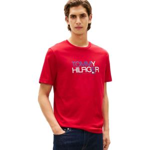 Tommy Hilfiger Men’s Short Sleeve Cotton Graphic T-Shirts with Printed Two-Tone Logo Graphic(Medium Red)