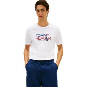 Tommy Hilfiger Men’s Short Sleeve Cotton Graphic T-Shirts with Printed Two-Tone Logo Graphic(White)