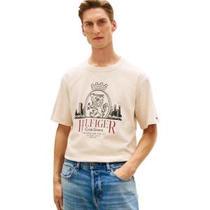 Tommy Hilfiger Men’s Short Sleeve Cotton Graphic T-Shirts with Signature Printed Heritage Crest Graphic(Heathered Oatmilk)