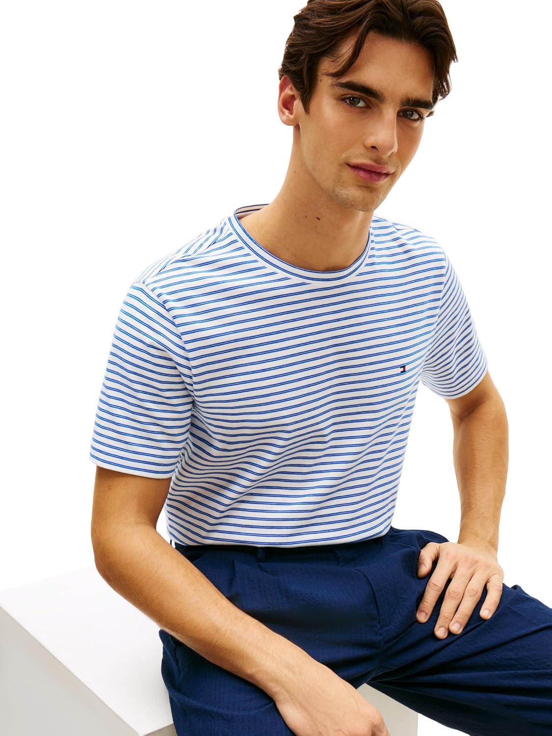 imageTommy Hilfiger Mens Short Sleeve Cotton Crewneck TShirts in Regular FitWhite Regal Blue Stripe