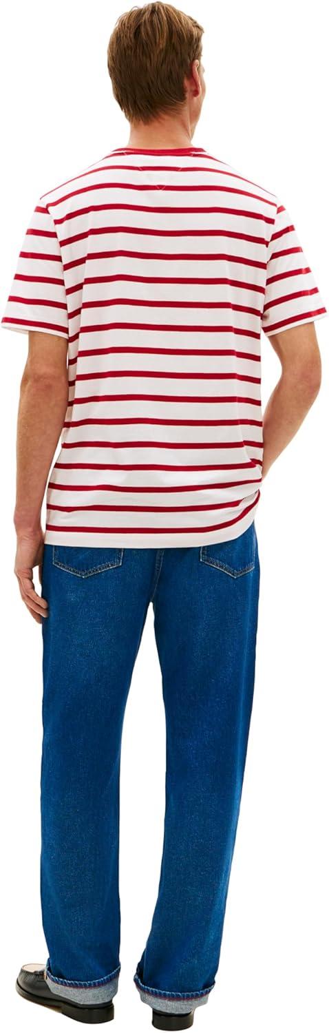 imageTommy Hilfiger Mens Short Sleeve Cotton Crewneck TShirts with Pocket in Regular FitEcru Medium Red Stripe