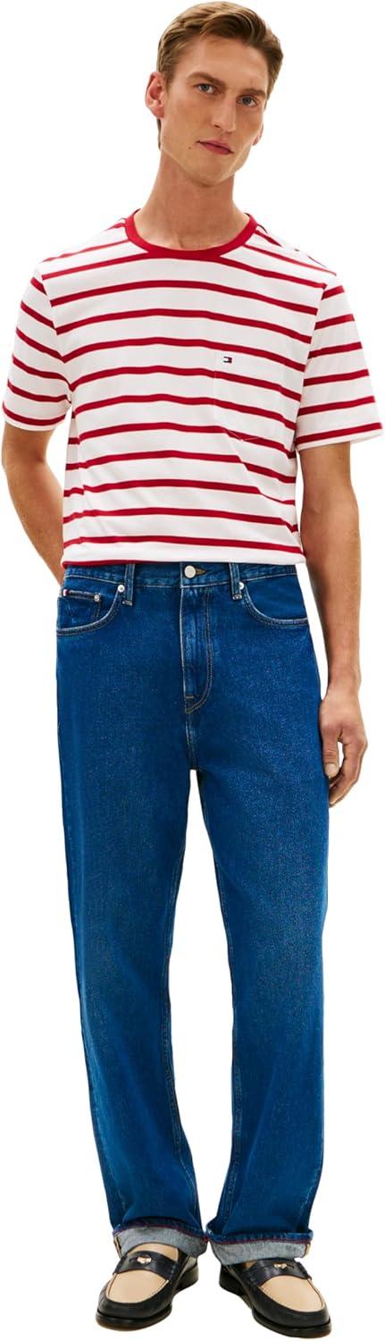 imageTommy Hilfiger Mens Short Sleeve Cotton Crewneck TShirts with Pocket in Regular FitEcru Medium Red Stripe