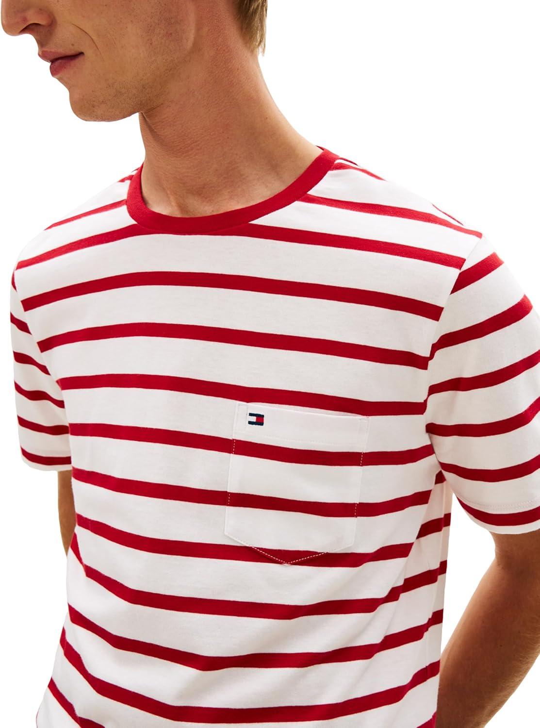 imageTommy Hilfiger Mens Short Sleeve Cotton Crewneck TShirts with Pocket in Regular FitEcru Medium Red Stripe