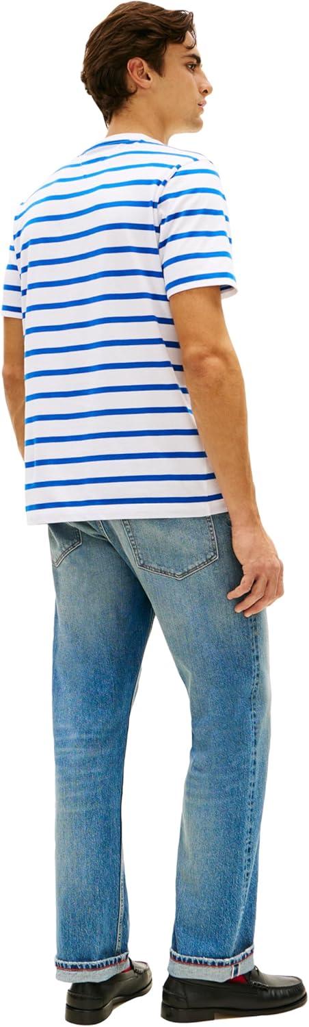 imageTommy Hilfiger Mens Short Sleeve Cotton Crewneck TShirts with Pocket in Regular FitEcru Regal Blue Stripe