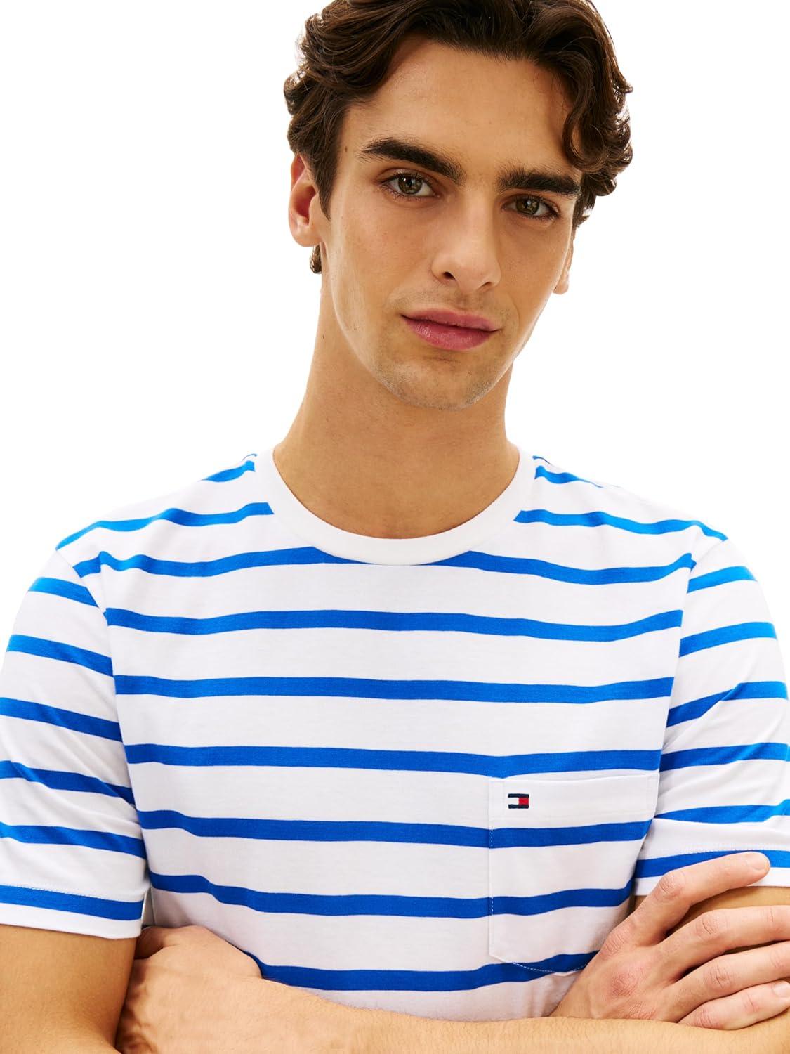 imageTommy Hilfiger Mens Short Sleeve Cotton Crewneck TShirts with Pocket in Regular FitEcru Regal Blue Stripe