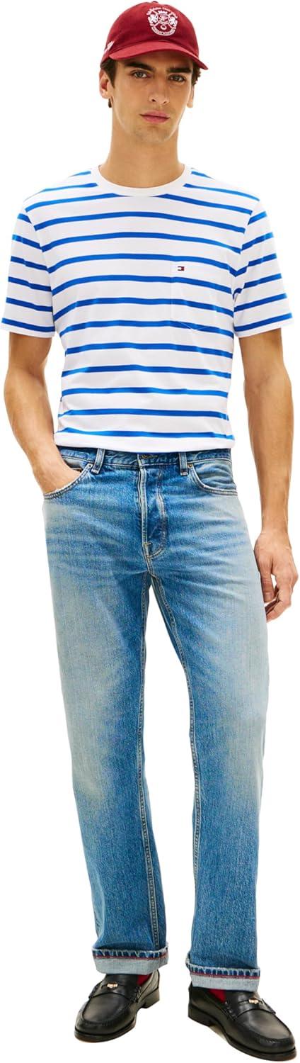 imageTommy Hilfiger Mens Short Sleeve Cotton Crewneck TShirts with Pocket in Regular FitEcru Regal Blue Stripe