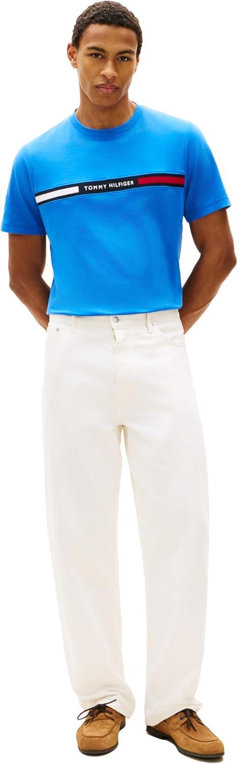imageTommy Hilfiger Mens Short Sleeve Cotton Graphic TShirts with Chest Logo DesignsBlue Orbit