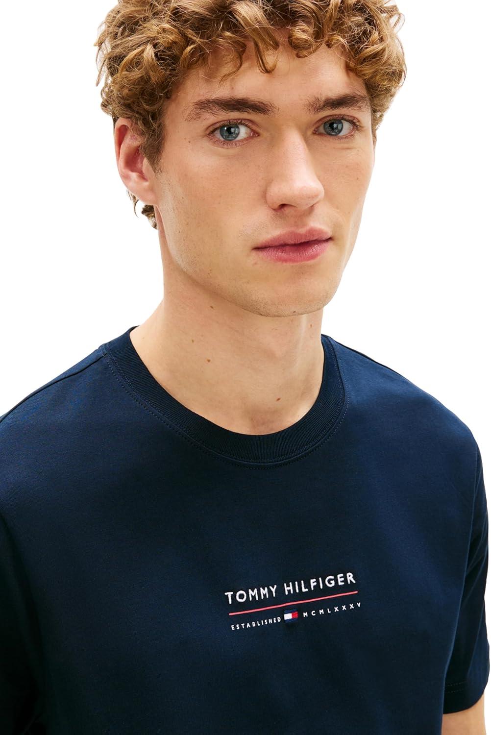 imageTommy Hilfiger Mens Short Sleeve Cotton Graphic TShirts with Embroidered Logo amp Flag GraphicDesert Sky