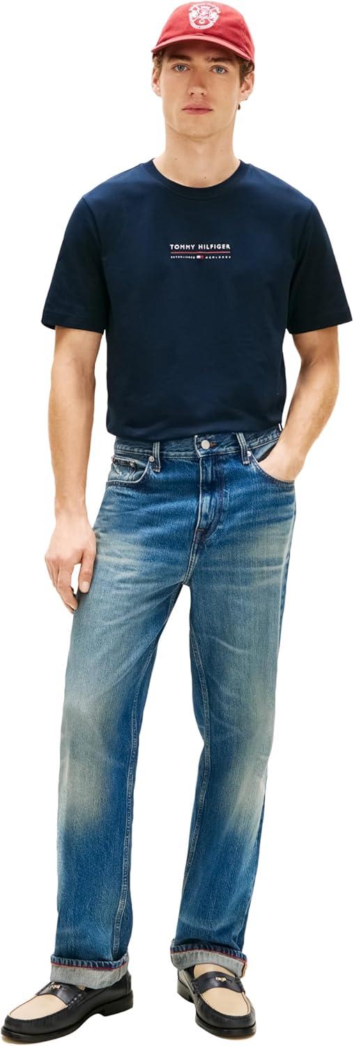 imageTommy Hilfiger Mens Short Sleeve Cotton Graphic TShirts with Embroidered Logo amp Flag GraphicDesert Sky