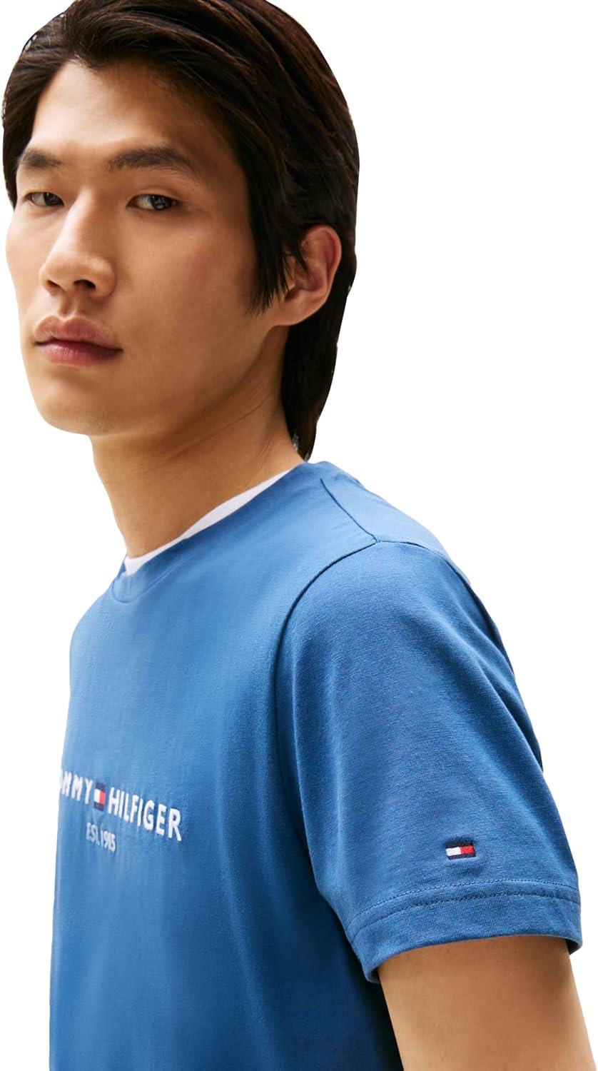 imageTommy Hilfiger Mens Short Sleeve Cotton Graphic TShirts with Embroidered LogoAegean Sea