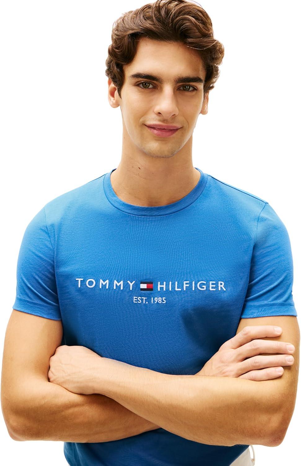 imageTommy Hilfiger Mens Short Sleeve Cotton Graphic TShirts with Embroidered LogoBlue Orbit