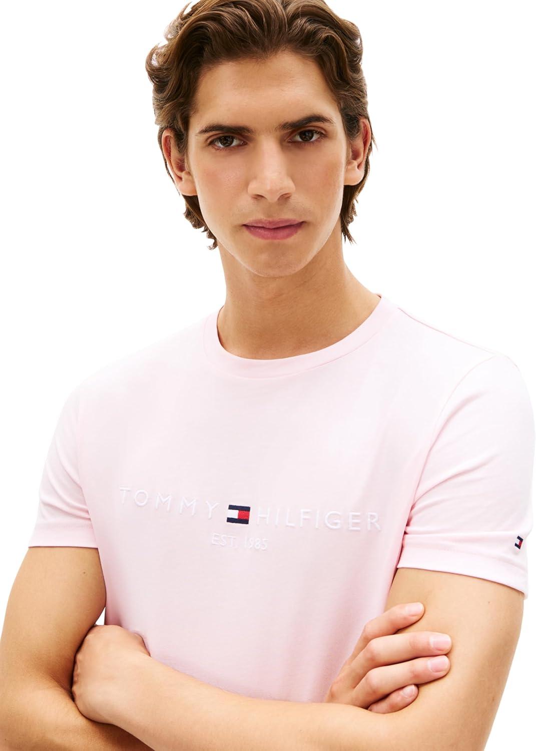 imageTommy Hilfiger Mens Short Sleeve Cotton Graphic TShirts with Embroidered LogoPink Lily