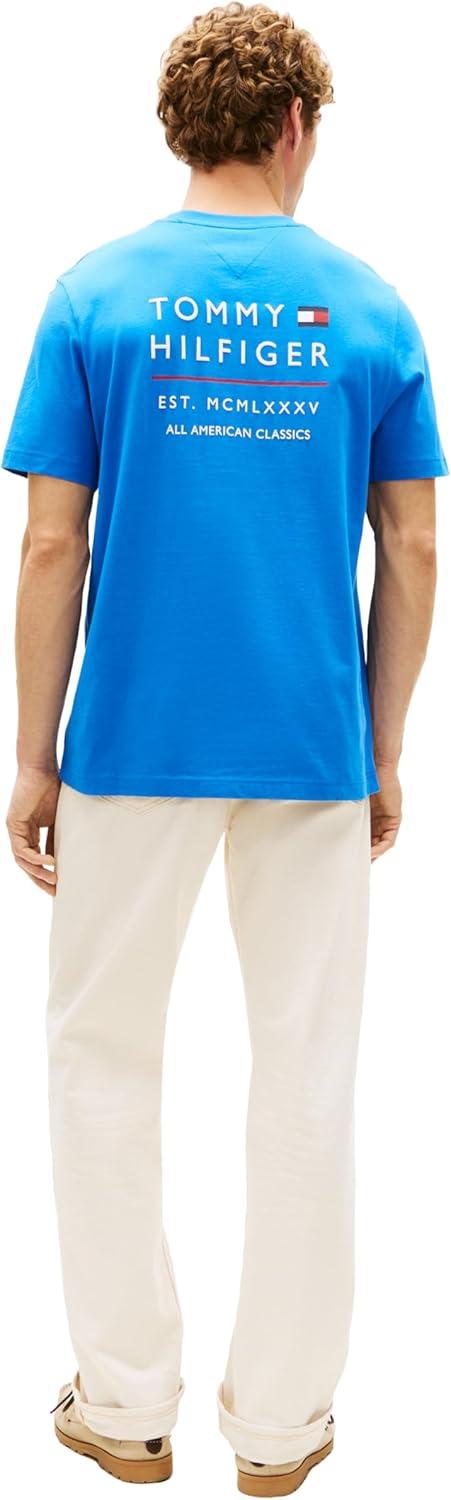 imageTommy Hilfiger Mens Short Sleeve Cotton Graphic TShirts with Embroidered Stacked GraphicBlue Orbit