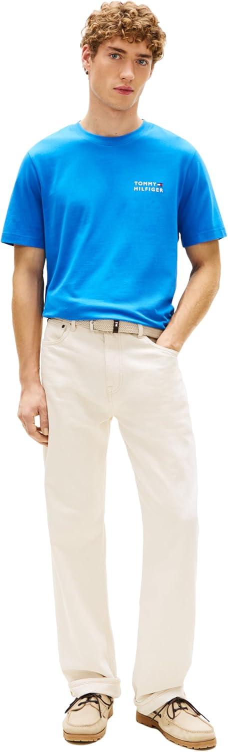imageTommy Hilfiger Mens Short Sleeve Cotton Graphic TShirts with Embroidered Stacked GraphicBlue Orbit