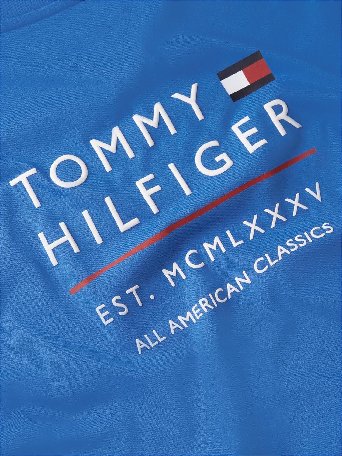imageTommy Hilfiger Mens Short Sleeve Cotton Graphic TShirts with Embroidered Stacked GraphicBlue Orbit