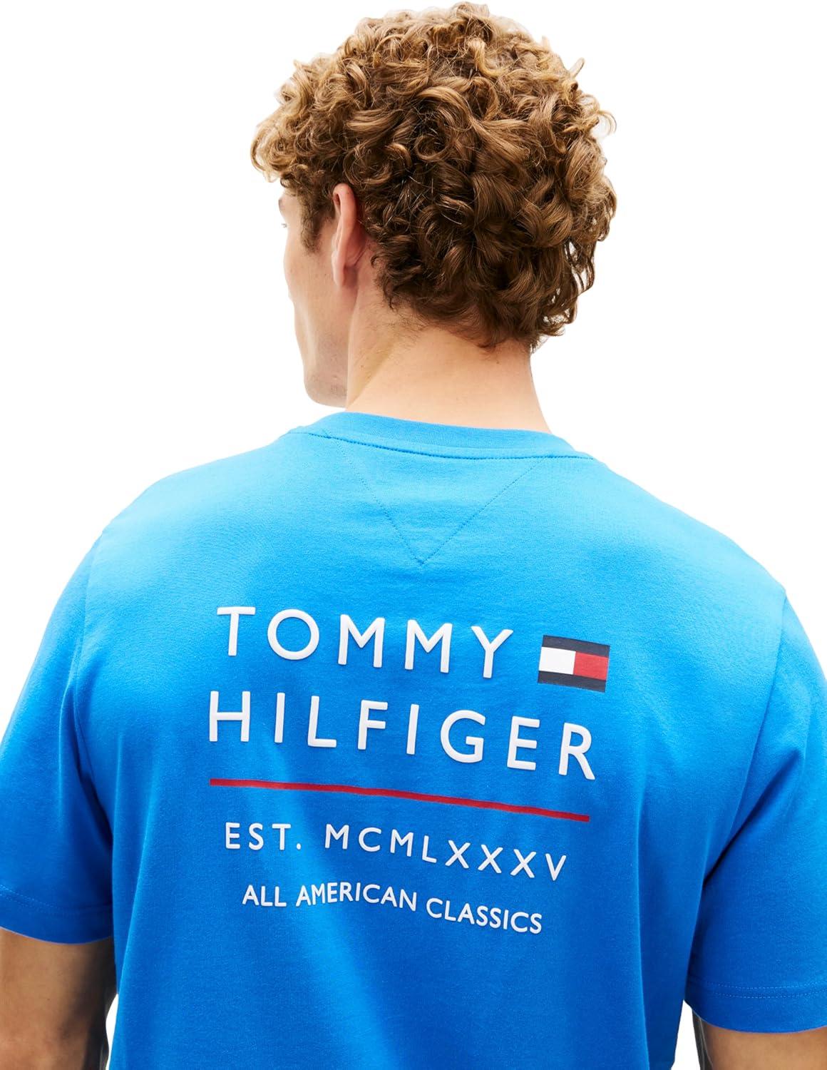 imageTommy Hilfiger Mens Short Sleeve Cotton Graphic TShirts with Embroidered Stacked GraphicBlue Orbit