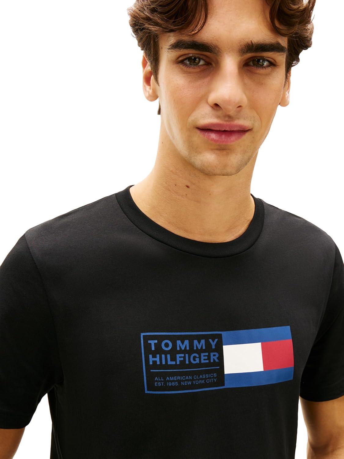 imageTommy Hilfiger Mens Short Sleeve Cotton Graphic TShirts with Printed Flag Graphic Also Available in Big and TallBlack