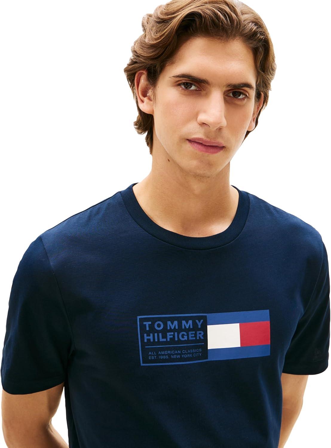 imageTommy Hilfiger Mens Short Sleeve Cotton Graphic TShirts with Printed Flag Graphic Also Available in Big and TallDesert Sky