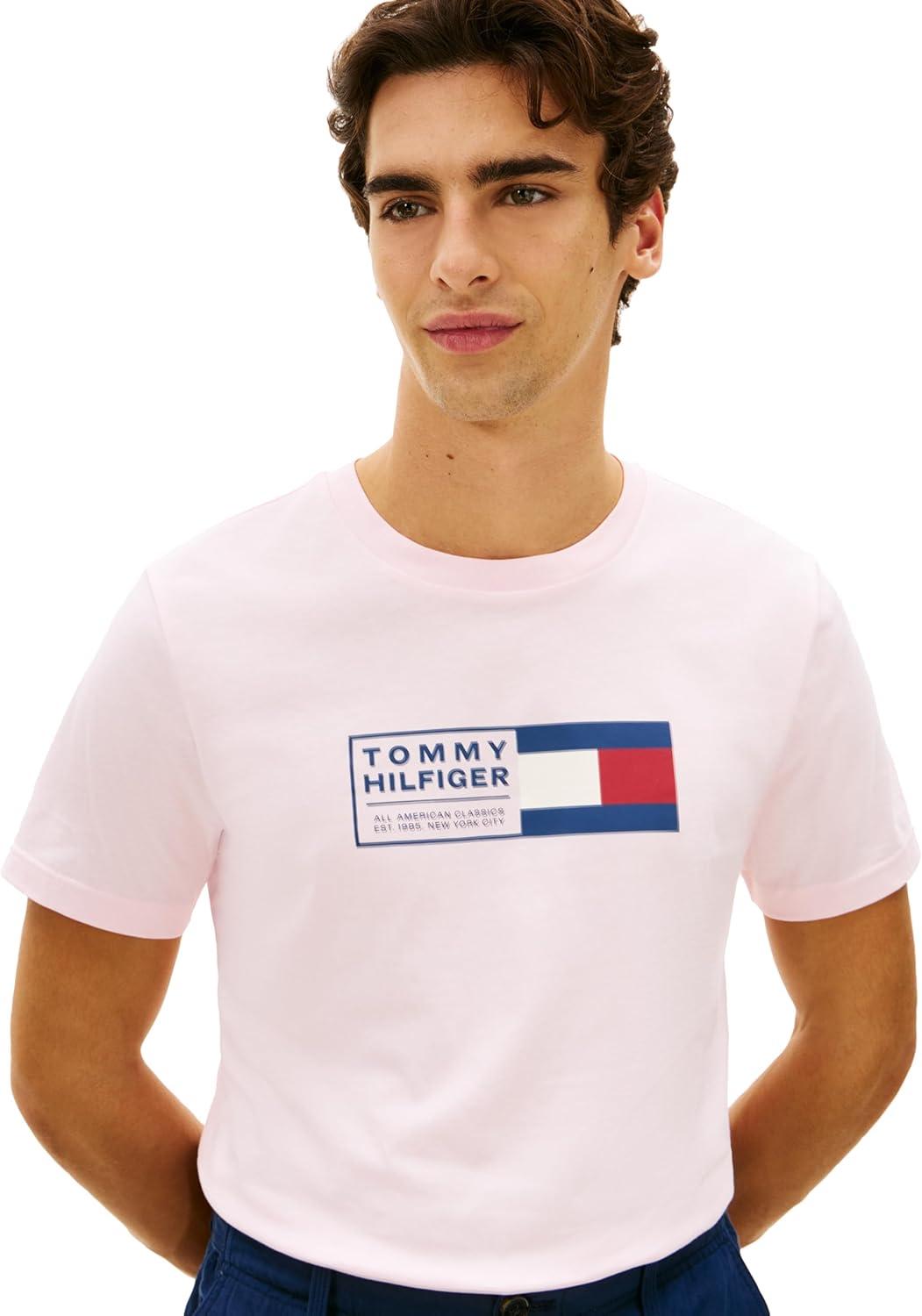 imageTommy Hilfiger Mens Short Sleeve Cotton Graphic TShirts with Printed Flag Graphic Also Available in Big and TallPink Lily