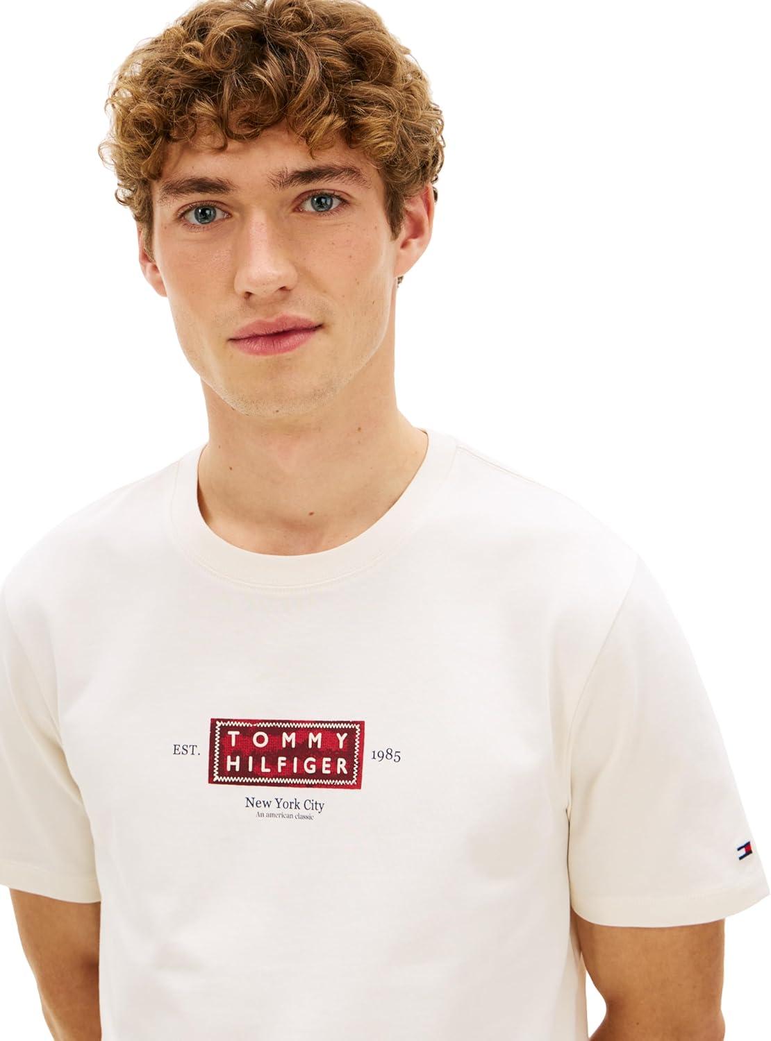 imageTommy Hilfiger Mens Short Sleeve Cotton Graphic TShirts with Printed Heritage Label DesignIvory Petal