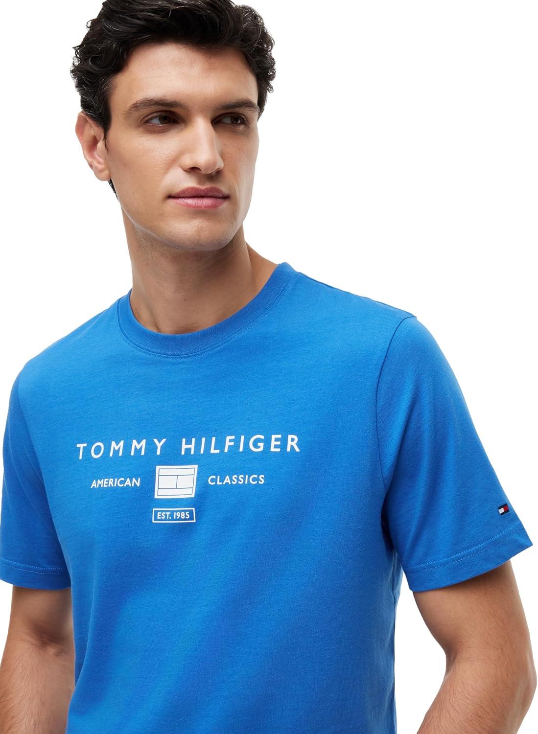 imageTommy Hilfiger Mens Short Sleeve Cotton Graphic TShirts with Printed Stacked Chest Graphic Also Available in Big and TallBlue Orbit