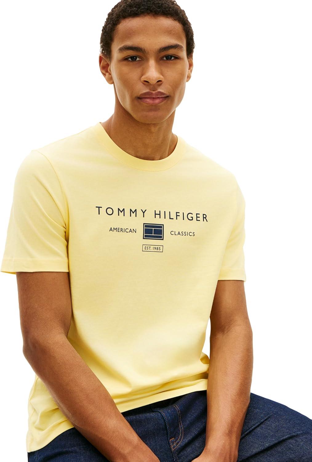 imageTommy Hilfiger Mens Short Sleeve Cotton Graphic TShirts with Printed Stacked Chest Graphic Also Available in Big and TallCitronella