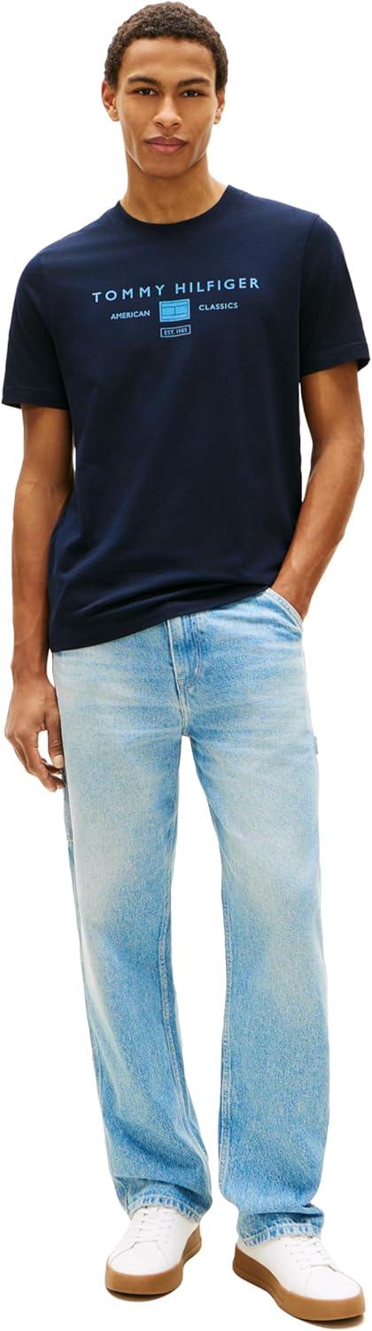 imageTommy Hilfiger Mens Short Sleeve Cotton Graphic TShirts with Printed Stacked Chest Graphic Also Available in Big and TallDesert Sky