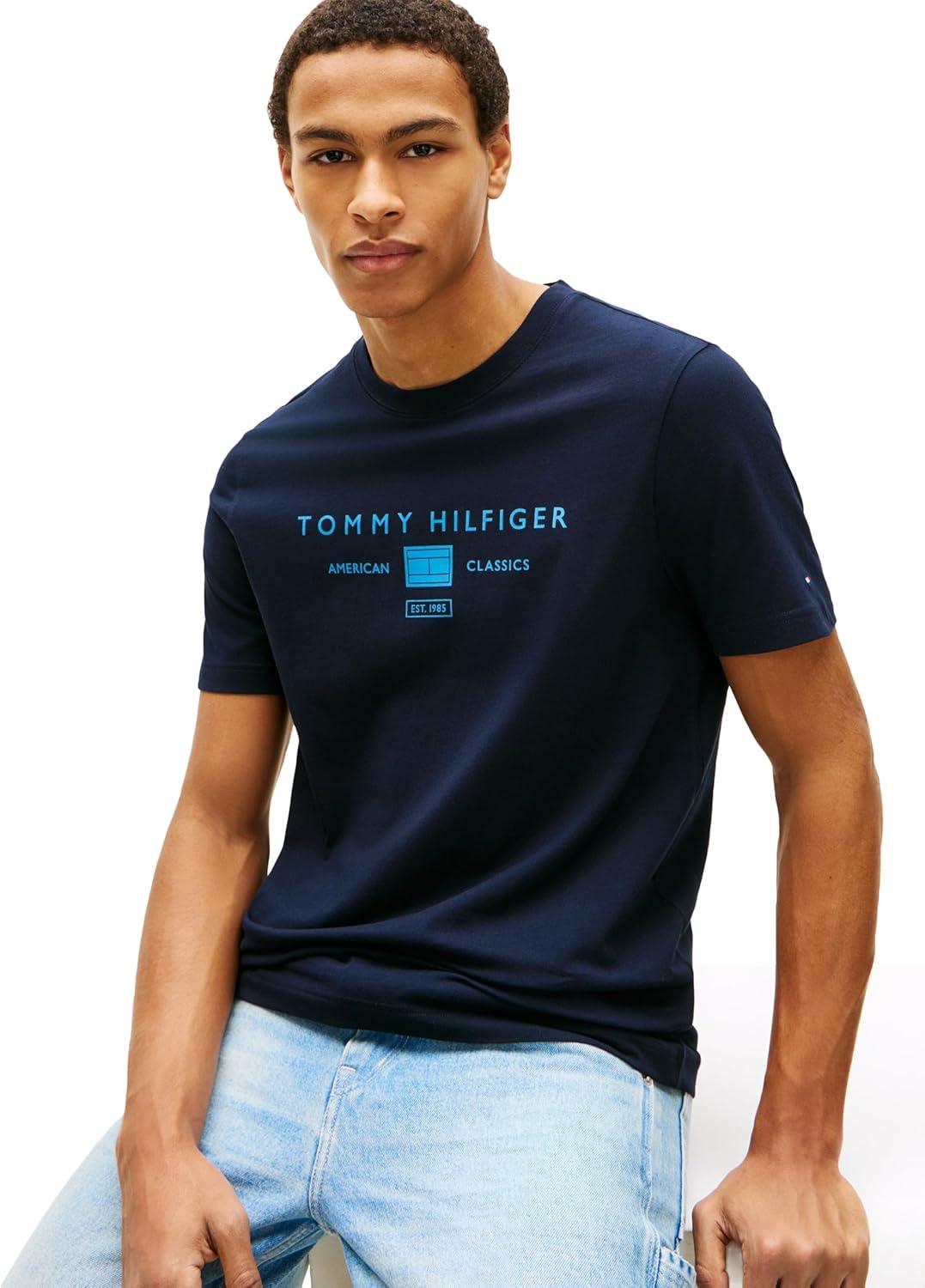 imageTommy Hilfiger Mens Short Sleeve Cotton Graphic TShirts with Printed Stacked Chest Graphic Also Available in Big and TallDesert Sky