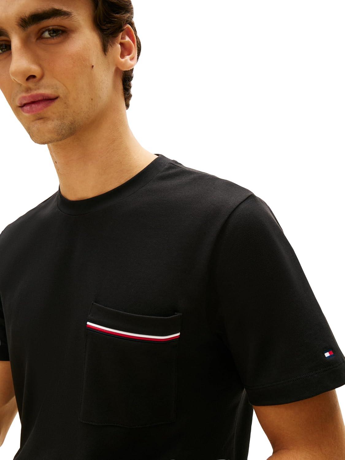 imageTommy Hilfiger Mens Short Sleeve Pique Cotton TShirts with Pocket and Contrast Stripe DesignBlack
